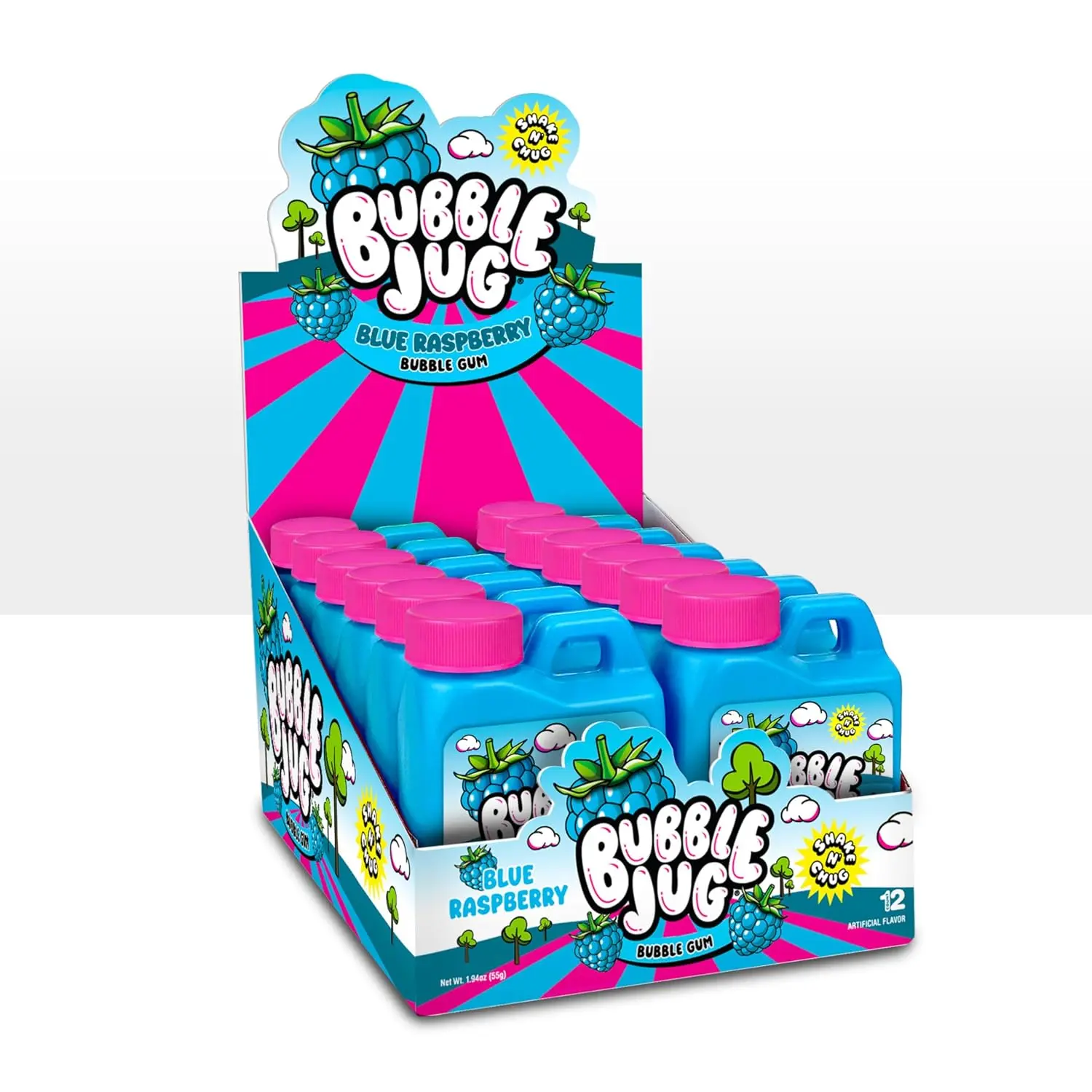 Bubble Jug | Blue Raspberry Bubble Gum | 12 Pack | Shake N' Chug Gum blue raspberry flavored bubble gum. 90s Candy. A traditional treat brought to you by Iconic Candy