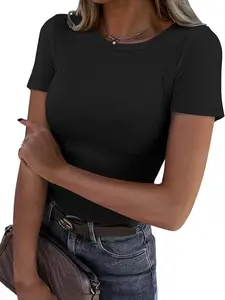 Women's Short Sleeve Crew Neck Ribbed Slim Fit Shirt, Soft Tees for Everyday Wear, Stylish & Comfortable Design
