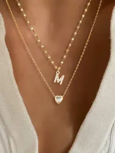 Women's Zirconia Initial Letter Heart Crystal Pendant Necklace Set, Stainless Steel Multi-Layer Chain Jewelry
