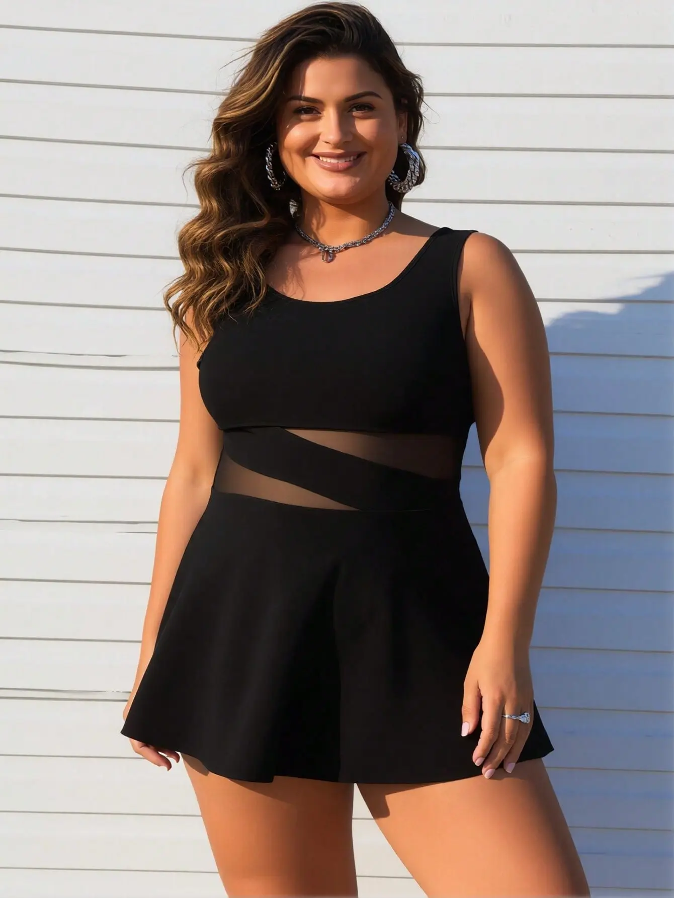 Women's Plus Size Solid Swimdress 2026 New - Black, Sheer Mesh Cutout Waist, Flared Skirt - Sports & Outdoor Swimwear