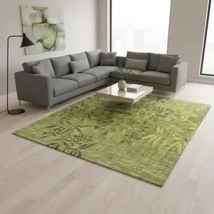 HomeRoots 655660 8x10 ft. Olive Green & Gold Floral Nonslip Machine-Washable Machine Made Rectangle Area Rug with UV Protection, Nonslip Area Rugs, Machine-Washable Area Rugs