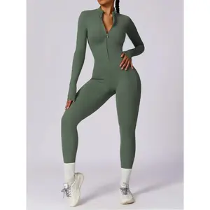 Women’s solid zip-up long-sleeve sports jumpsuit, casual sporty comfortable jumpsuit for yoga, gym workouts, ladies sportswear for all seasons