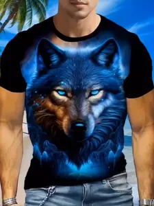 Men's Summer Casual Streetwear 3D Wolf T-Shirt, Lightweight Polyester, Round Neck, Short Sleeve, Dynamic Color Design