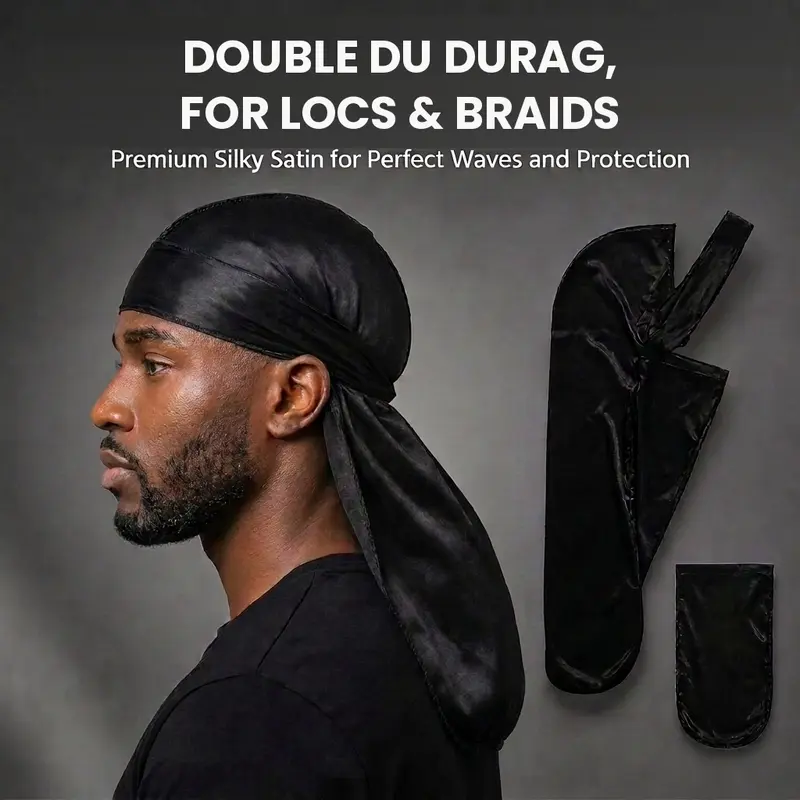 Men's Navy Blue Plain Double Satin Durag for locs and braids - Unisex Fashion Accessory Headscarf, Quadruple Stitch Seams, Extra-Long Tail, Soft Satin, Comfortable and Secure Tying, Snug Hold, 360/540/720 Waves Support, One Size Fits Most Hair Protector