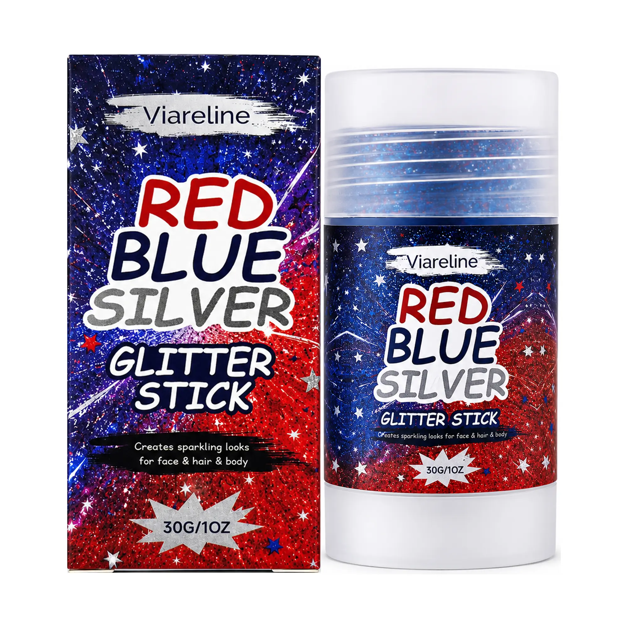Viareline Red Blue Silver Glitter Stick, Patriotic Face Hair Body Glitter Gel, Waterproof Chunky Sequins Makeup for 4th of July Independence Day Parade Party