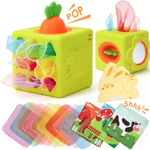 hahaland Baby Tissue Box Toy - Silicone Baby Toys 6-12 Months Montessori Toy for 6 Month Old - 6-in-1 Soft Busy Activity Cube with Scarves, Crinkle, Textures, Mirror, Sensory Popper - Gifts for Babies