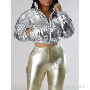 [Shiny Puffer Jacket] Winter Shiny Women's Cropped Puffer Jacket - Padded Warm Quilted Short Coats Zip Up Sleeve Womenswear Spandex Tops