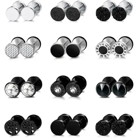 FUNRUN 12&16 Pairs Fake Gauge Earrings Set for Men Women | Stainless Steel Stud Faux Gauges | CZ Black Silver Plug Earrings Punk Jewelry