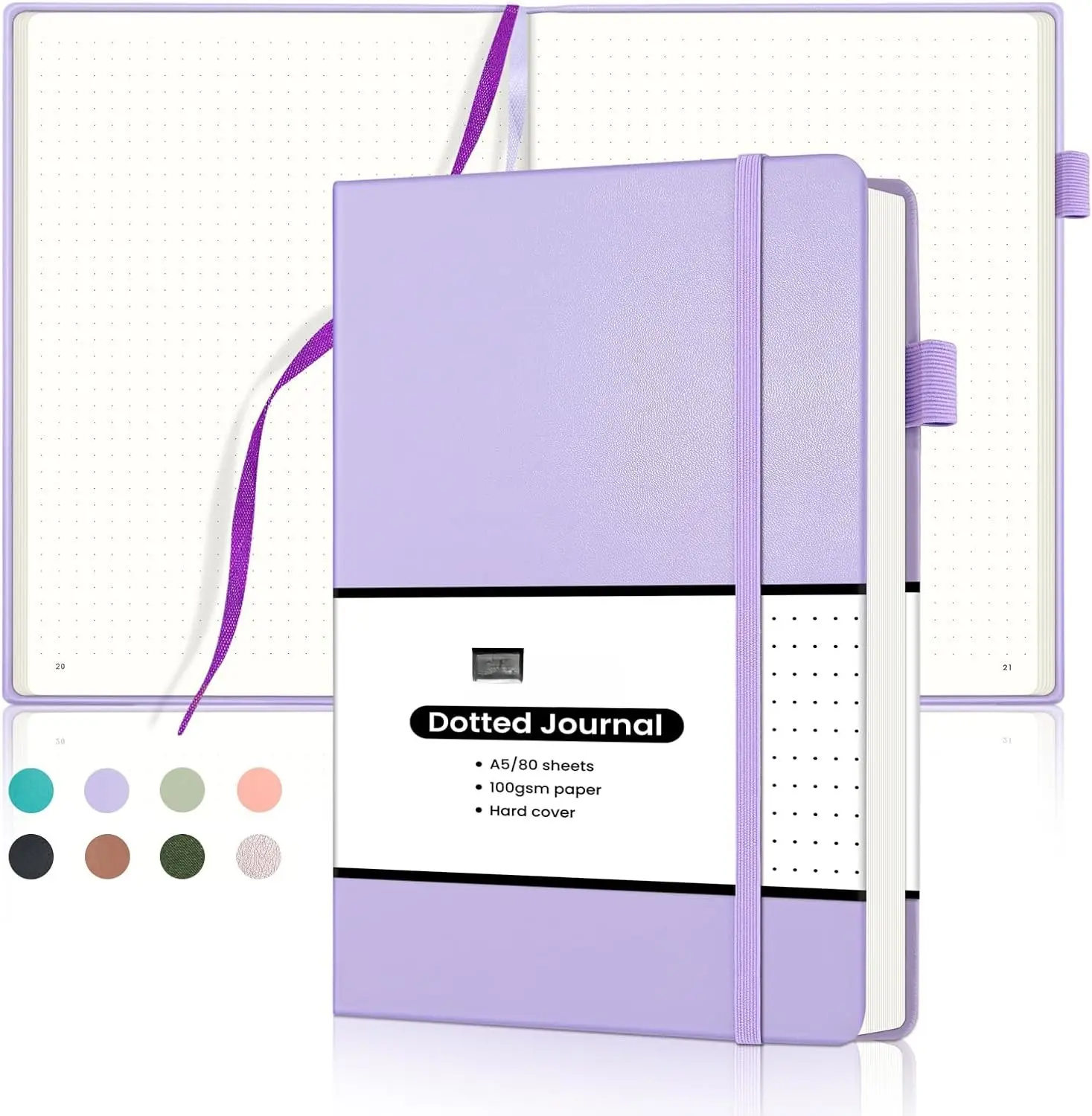 Numbered  Dotted Journal Notebook, Medium 5.5x 8.25, 160 Pages 100GSM Writing Paper, A5 Purple Faux Leather Cover with Pen Loop