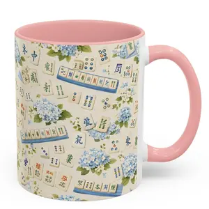 Mahjong Tile Coffee Mug Pink Floral Hydrangea  Mahjong Mom Gift  Coastal Grandmillennial Mahjong Lover Cup  Game Night Coffee Mug