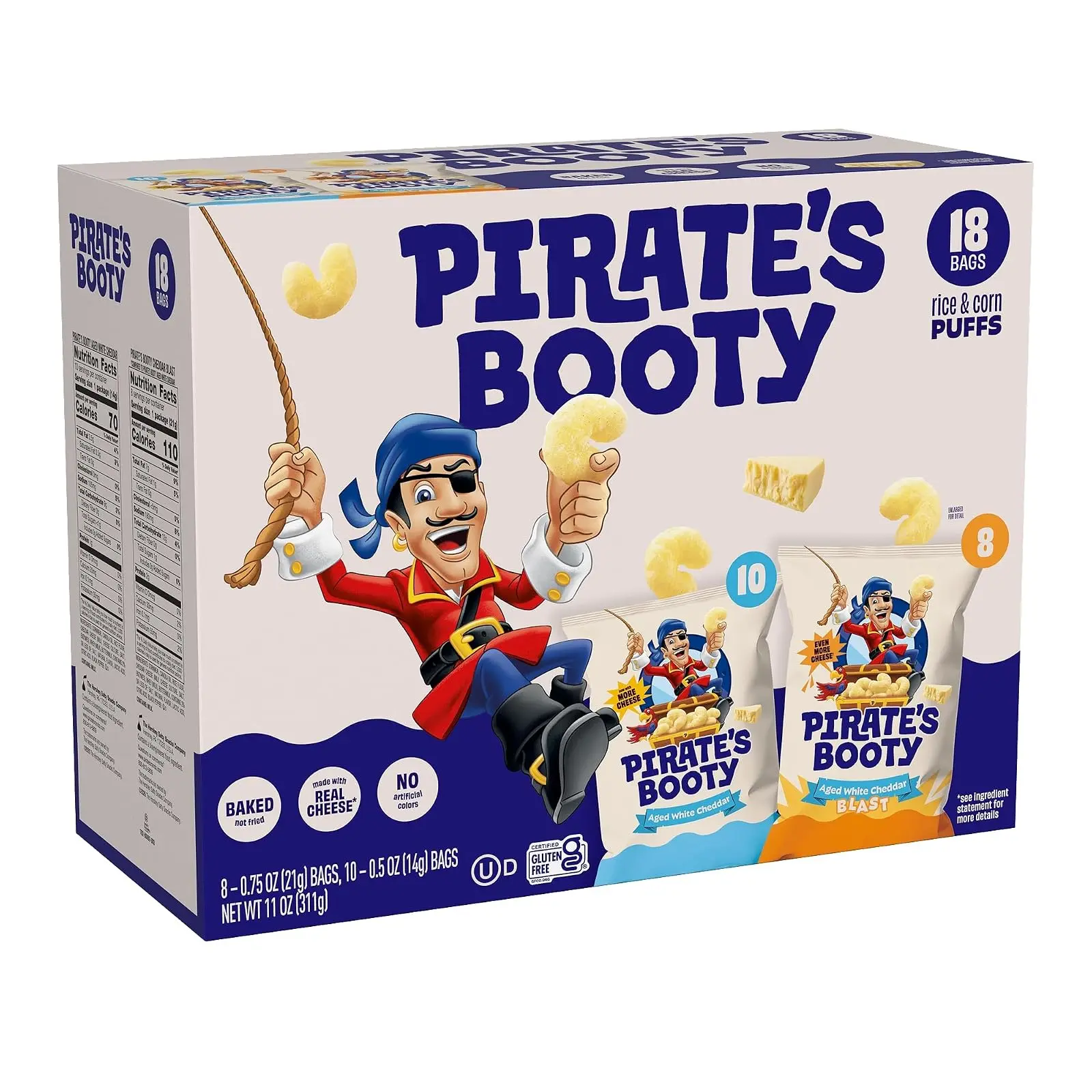 Pirate's Booty White Cheddar & Cheddar Puffs, Gluten Free Snacks, 18 ct | Aged White Cheddar and Cheddar Blast Cheese Puffs, Peanut and Tree Nut Free Kids Snacks, Snacks Variety Pack, 18 bags