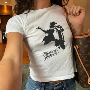 Michael Jackson King of Pop Baby Tee, Retro Music Legend Graphic Shirt, Aesthetic Y2K Female Fitted Tee, Vintage Signature Pop Star Top