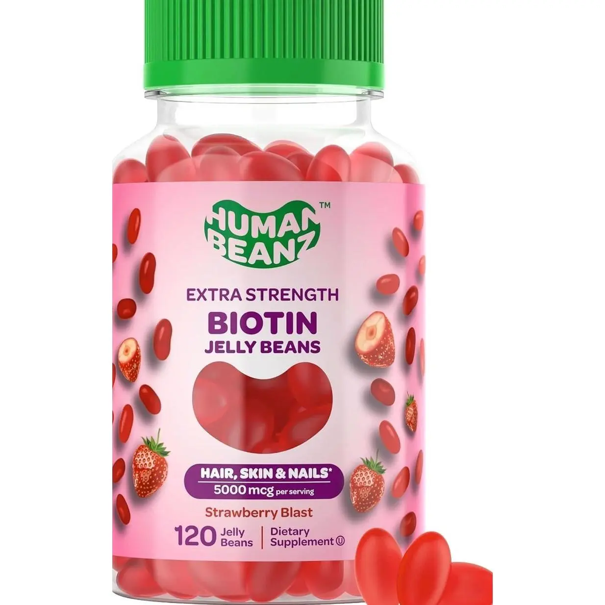 Biotin Jelly Bean Gummy Vitamins, Extra Strength Biotin for Hair, Skin and Nails, 5000mcg per Serving, Hair Growth Vitamins for Men and Women, 120 Strawberry Blast Jelly Beans, Kosher