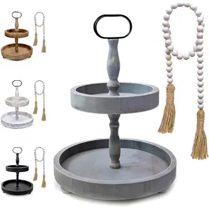 Farmhouse Tiered Tray with Beads Home Decor, Wooden 2 Tier Tray for the Coffee Table, Kitchen Tiered Tray Decor with Beads, Two Tier Tray Cupcake Stand, 2 Tiered Tray Farmhouse Display (Gray) Main Event USA