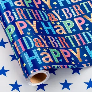 Blue Birthday Wrapping Paper Roll - Colorful Happy Birthday Letters with Metallic Foil Shine & Stars Reversible  Wrap for Boys  Shower, Party - Mini Roll - 17 Inch x 16.5