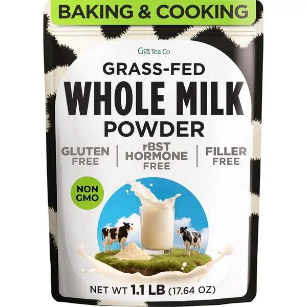 Gya Tea Co Whole Milk Powder 1.1lb (17.64 Oz) - Pasture Raised Source, rBST Hormone Free, Non-GMO - Shelf Stable Premium Grade Powdered Milk for Baking, Cooking, Smoothies - Rich in Protein & Calcium