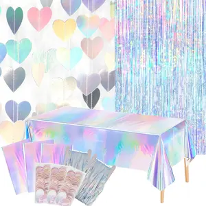 8PCS Iridescent Disco Party Decor – Heart Garland, Laser Tablecloth, Tinsel Fringe Curtains for 90s, 80s, Bachelorette