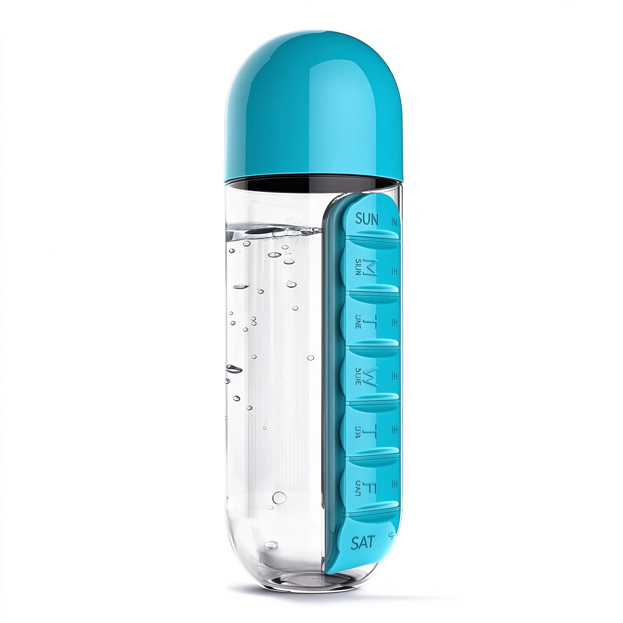 Pill Organizer Water Bottle, 2-in-1 Medicine Bottle with Multi-Compartment Pill Box, Transparent Portable Daily Medication Cup for Travel Work Gym Drinkware Detachable