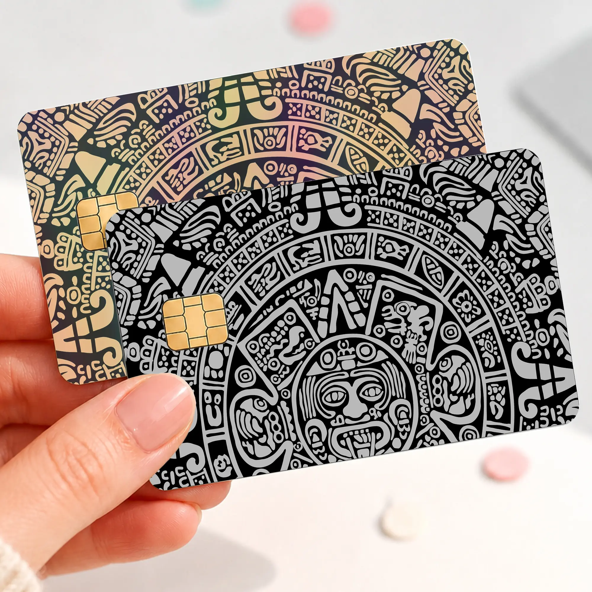 Mayan Calendar Card Skin Sticker, Aztec Tribal Pattern Card Cover, Black Gold Silver Debit Card Decal, Peel Stick Bank Card Skin