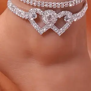 2 Pieces/Set Double Heart Anklet Luxury Full Ankle Bracelet Foot Jewelry For Women Leg Chain Summer Beach Holiday Jewelry