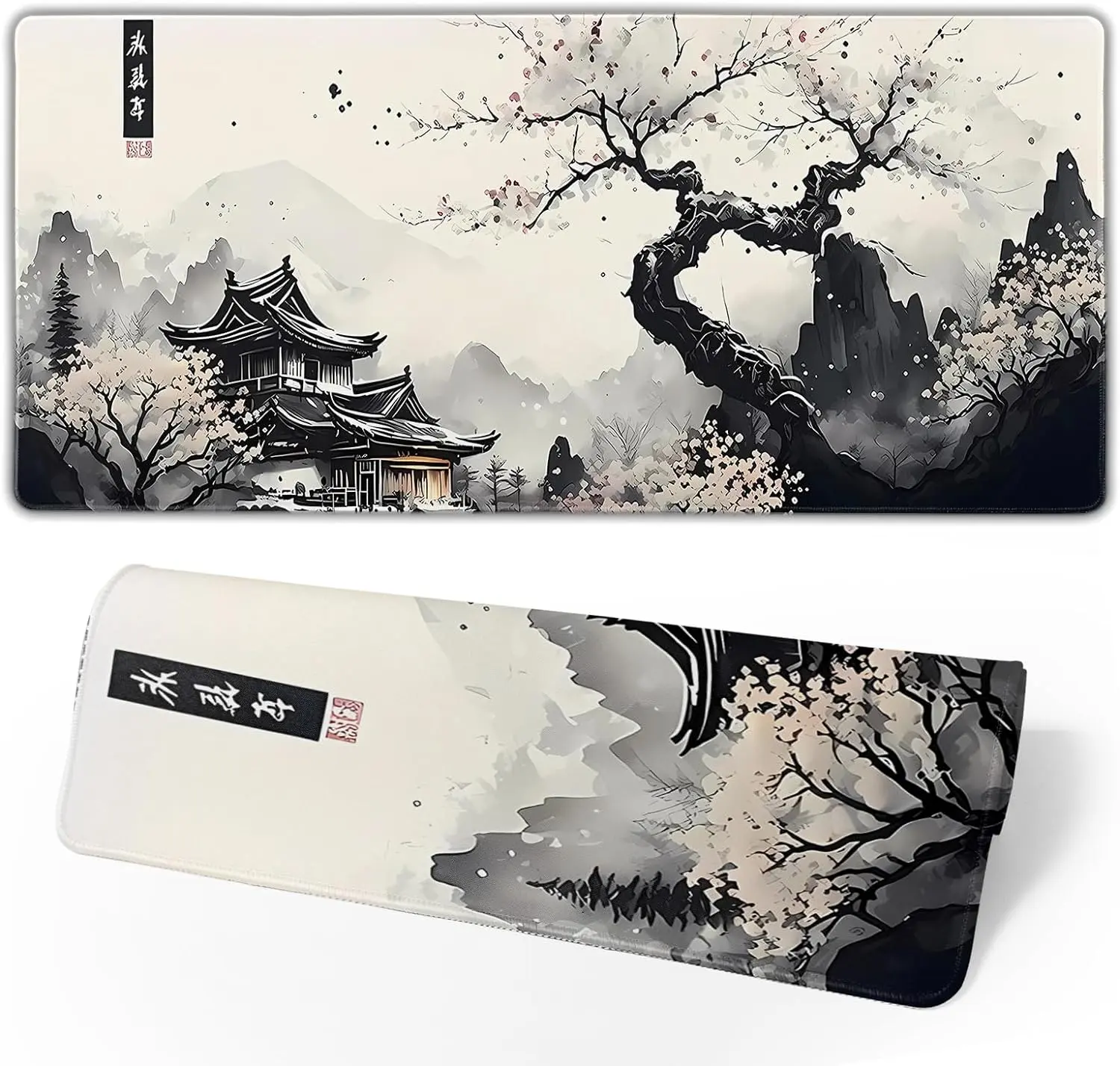 Gaming Mousepad, Japanese Ink Landscape Large Extended Desk Mat, Non-Slip Rubber Base, Waterproof Keyboard Pad with Stitched Edges
