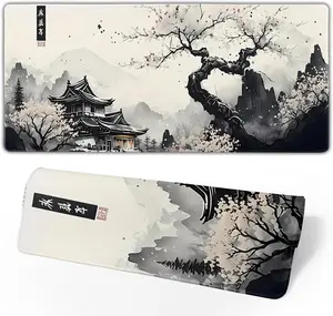 Gaming Mousepad, Japanese Ink Landscape Large Extended Desk Mat, Non-Slip Rubber Base, Waterproof Keyboard Pad with Stitched Edges