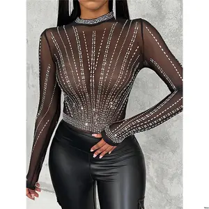 Long ChicMe Rhinestone Studded Sheer Mesh Sleeve Bodysuit