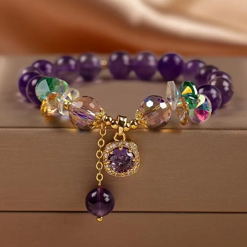 Purple Bangle with Crystal Beads for Women, Elegant Argyle Pattern with Sparkling Synthetic Zircon, 15cm Valentine’s Gift, Jewelry For Women, Artificial Crystal Beads, Amethyst, Bracelet
