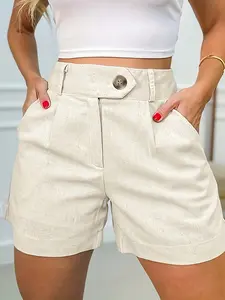 Women's High Waist Pleated Tailored Shorts 2025, Button Front Casual Straight Leg Shorts with Pockets, Elegant Office Workwear, Trendy Summer Streetwear, Versatile for Daily Wear, Brunch, Vacation, Date Night, Business Casual, Women's Beige Relaxed Fit Hi