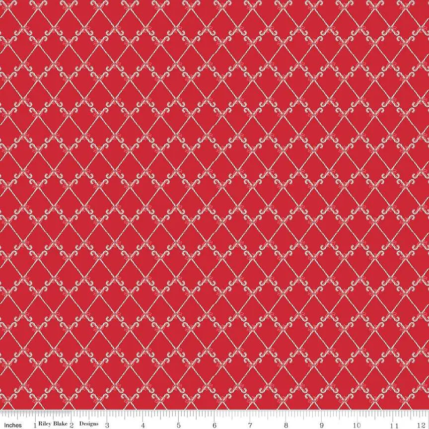 Fabric Riley Blake Red Candy Canes Mistletoe & Holly by the Quarter Yard C16406-RED