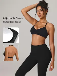 Women's Halter Sports Bra, Adjustable Straps, Detachable Pads, Deep V Neck, Backless Design, Yoga Bra, Fitness Pilates Top