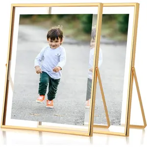 Gold frame floating picture frame set of 2 8 x 10 tempered glass frame for tabletop display gold metal display frame for multi size photos including 6 x 85 x 7