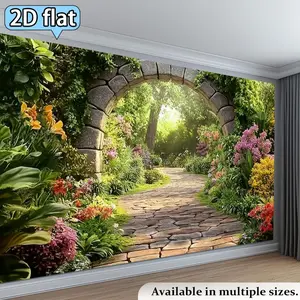 2D Flat Banner Polyester Photography Backdrop, HD Digitally Printed Soft Lightweight Foldable Background Cloth featuring a Garden Path, Stone Archway, Flowers, and Greenery Nature Landscape for Wedding Party Birthday Photos, Video