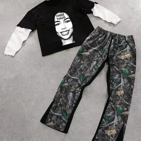 Men's Letter Print Tee & Pants Two-Piece Set, Regular Fit Casual Outfit Set Casual Fashion Cozy Round Neck Long Sleeve Top & Trousers for Daily Outdoor Wear, Men's Clothing for Fall & Winter, Casual Streetwear Set