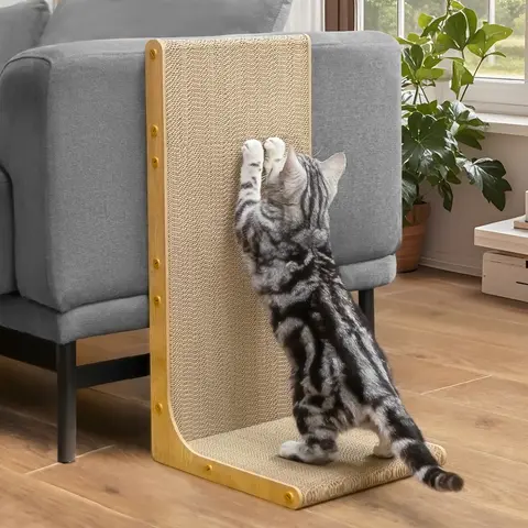 Conlun 22.8in Striped L-Shaped Wall-Mounted Cat Scratching Pad - Classic Cardboard, Recycled Corrugated Core, Sturdy, Compact & Easy Tool-Free Assembly, Ball Toy, Satisfies Indoor Cats' Scratching Preferences in Small Spaces