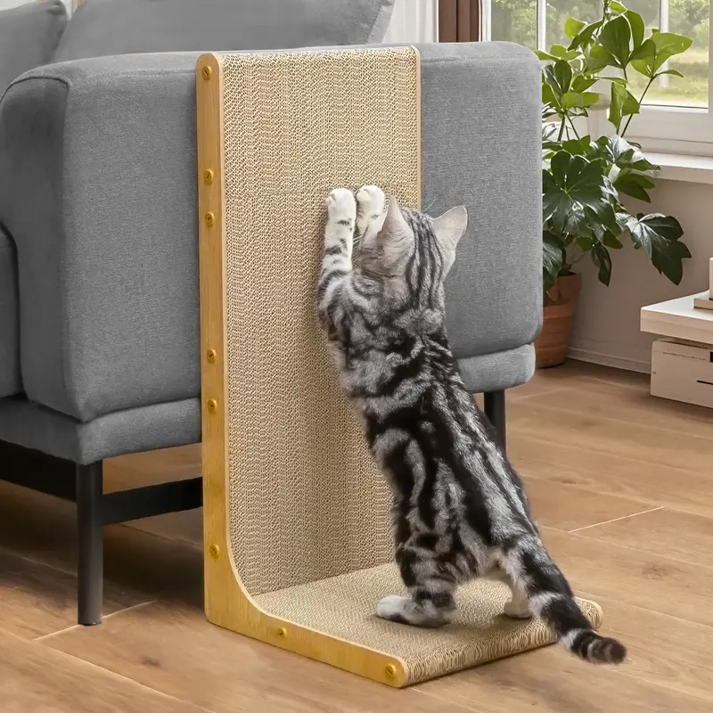 Conlun 22.8in Striped L-Shaped Wall-Mounted Cat Scratching Pad - Classic Cardboard, Recycled Corrugated Core, Sturdy, Compact & Easy Tool-Free Assembly, Ball Toy, Satisfies Indoor Cats' Scratching Preferences in Small Spaces