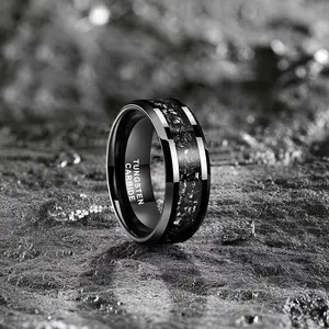 Black/silver Tungsten Carbide Fashion Ring with Dark Stone Inlay, 8mm Polished Comfort Fit Wedding Band for Men and Women, Scratch Resistant Durable Tungsten Ring, Modern Minimalist Promise Anniversary Gift