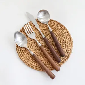 Natural Walnut Wood Style Handle Silverware Set, Wooden Flatware Set, 304 Stainless Steel Flatware Cutlery Set, Dinnerware Set (Set of 4)