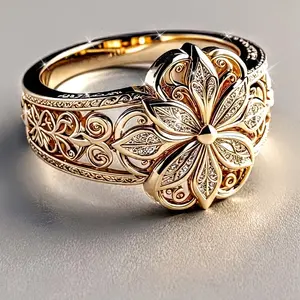 18K gold-plated copper ring, hollow floral pattern, represents elegance and sophistication, suitable for daily wear and special occasions, luxurious jewelry