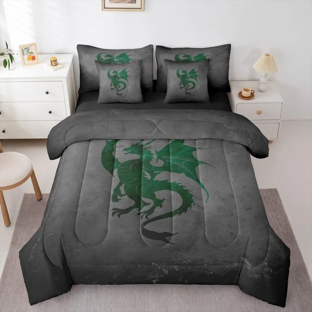 Dragon Comforter Set with Sheets 7 Piece Green Gray Dragon Bed in a Bag Kids Boys Girls Magic Mysterious Bedding Set Animal Bedroom Decor Breathable Soft Lightweight Microfiber