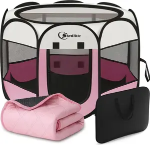 Small Pink Pet Playpen with Pad - Portable Pop-Up Enclosure for Small Dogs, Cats - Indoor Crate Tent, Outdoor Kennel, Includes Carrying Case
