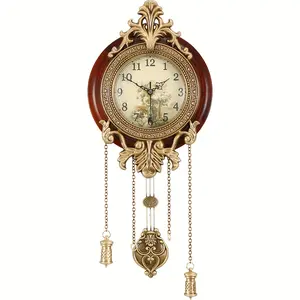 Wood Wall Clock by Aero Snail, Battery Operated Antique Clock with Swinging Pendulum, European Victorian Style for Living Room Decor