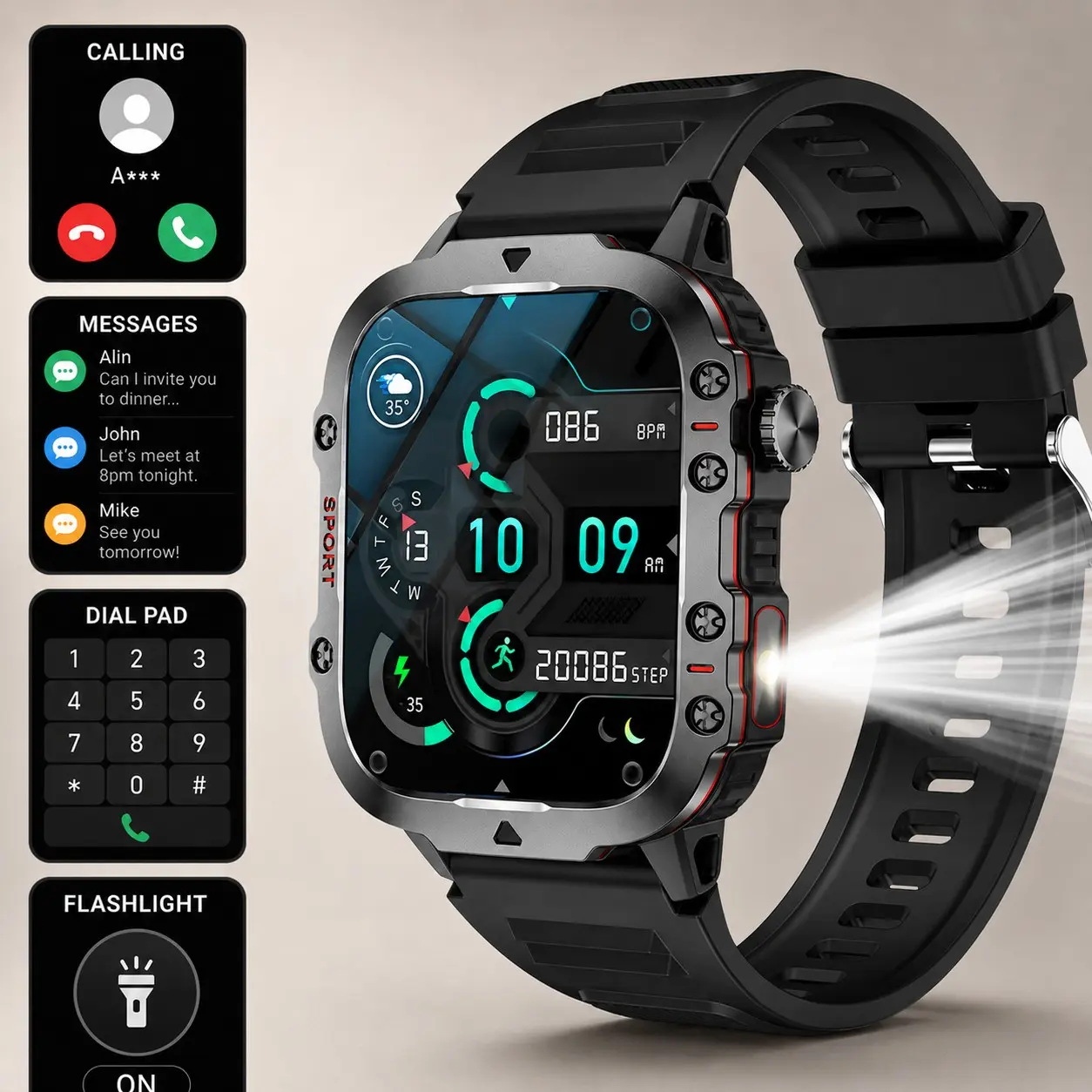 Men's Smart Watch 1.83 Inch Tft Screen, Wireless Calling, LED Flashlight, Multiple Sports Modes, Activity Tracker, USB PD Charging, Android Smartwatch, Workout Watch