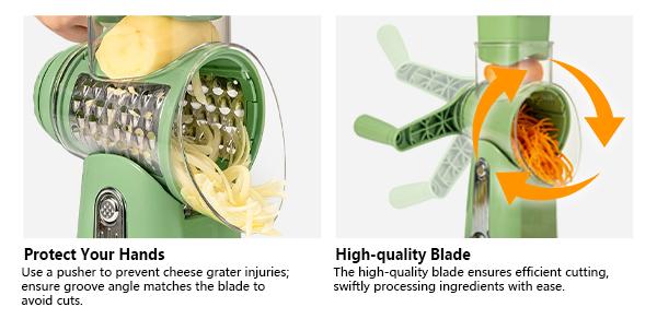 SUSTEAS Rotary Food Grater with Handle, Comes with 5 Well-Designed Blades and Strong Suction Cup Base, Comes with 1 Blade Storage Box Kitchen Vegetable Cutting Slicer Vegetable Cutter Utensils Green