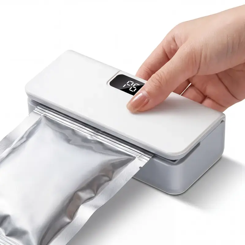 Rechargeable Mini Bag Sealer with LED Display Screen, 6 Adjustable Gears Heat Sealer-Cutter, Portable Handheld Food Sealing Resealer for Chips, Snacks, Blue & White Options