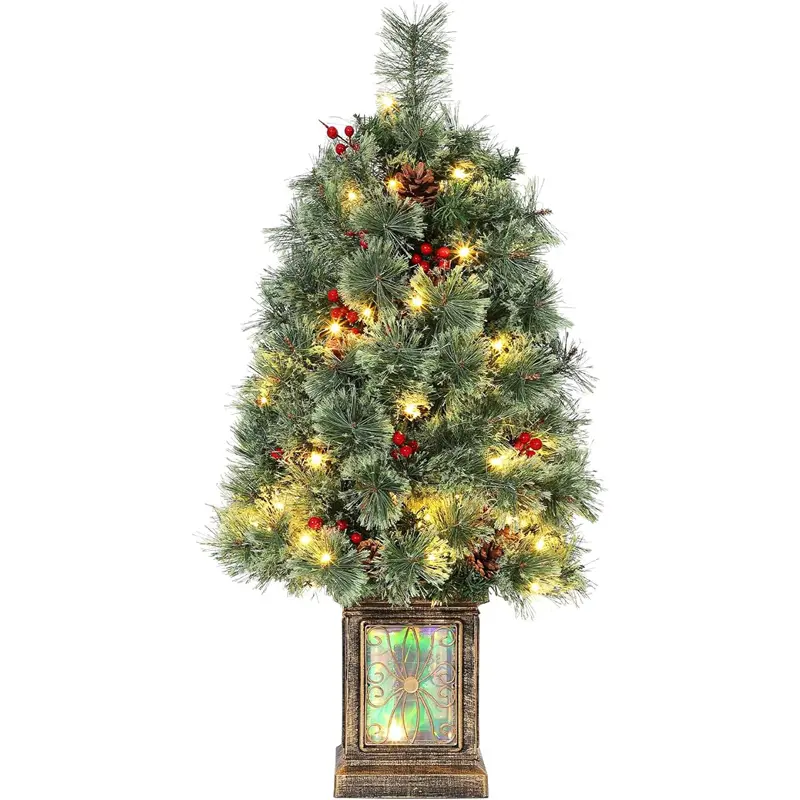 3 ft Retro PVC Pre-lit Potted Artificial Christmas Tree, 70 LED Party Lights, 16 Pinecones, 16 Red Berries, Easy Assembly, Holiday Spirit Decoration for Entrance Porch Home