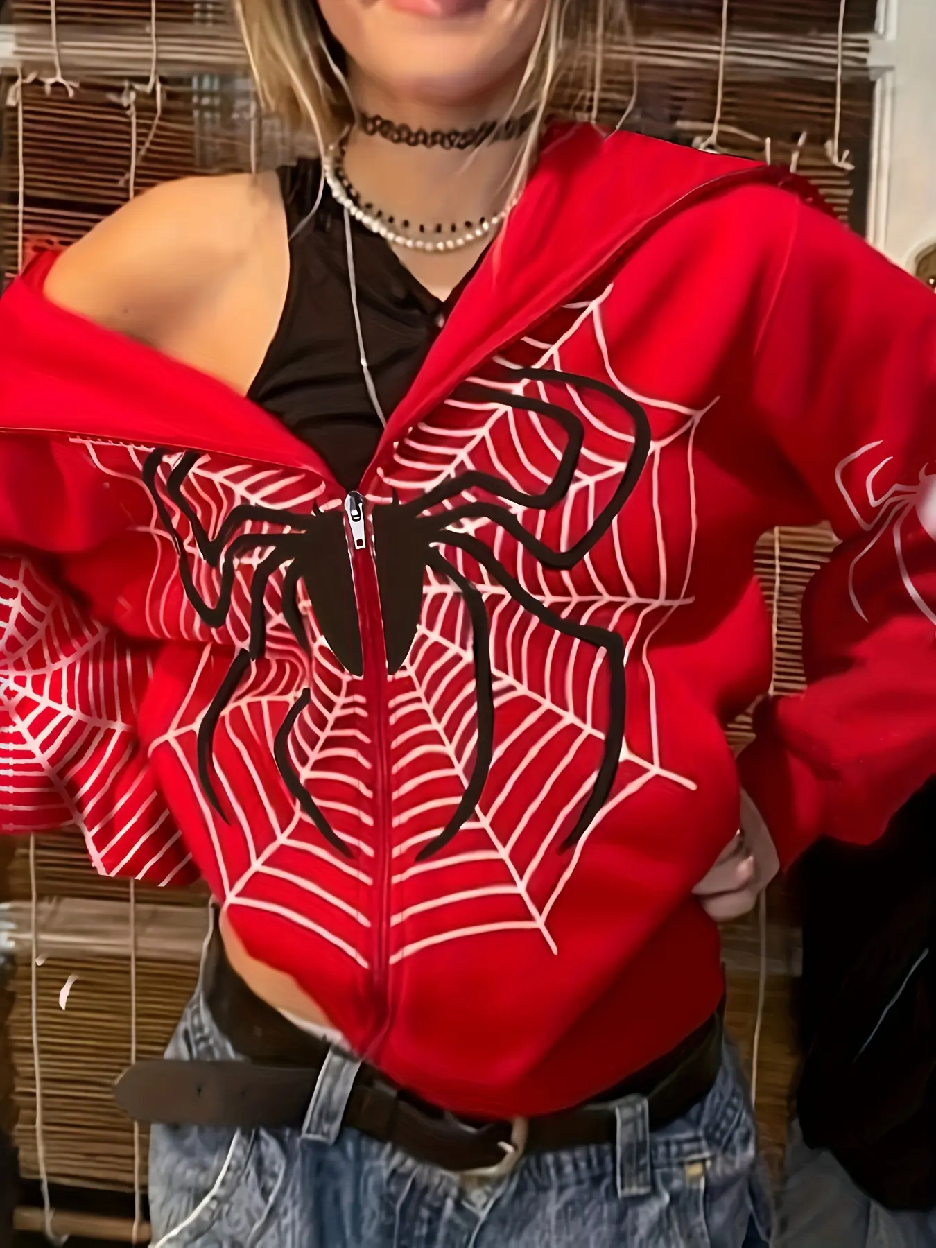 Women's Y2K style Loose Fit Baggy Knit hoodie, casual long sleeved zipper sweatshirt, spider print geometric pattern, spring and autumn fashion style, Piece