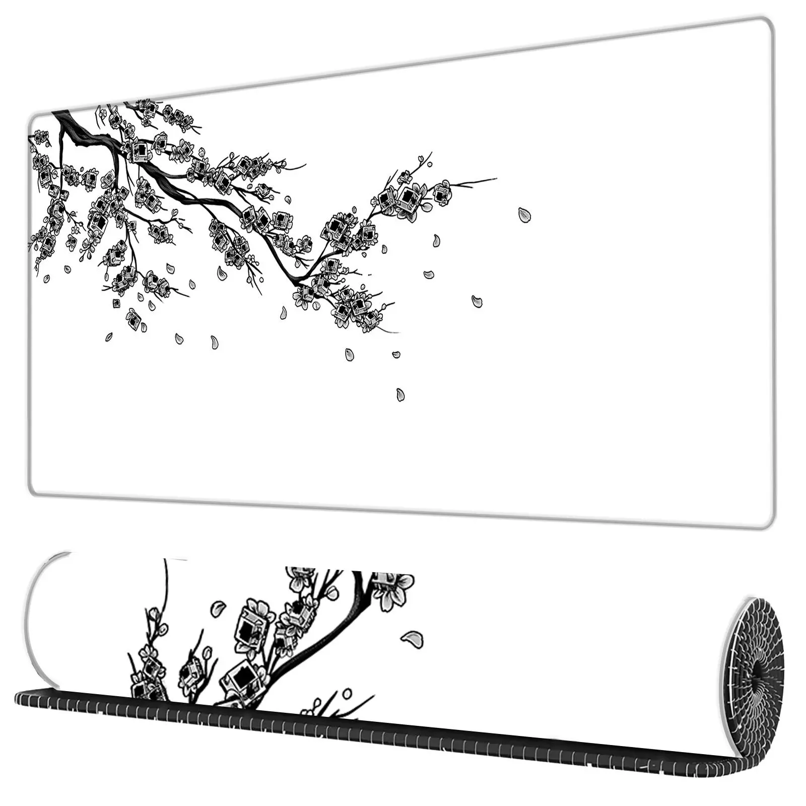Ink Cherry Blossom Pattern Mouse Pad, 1 Count Rectangle Gaming Mouse Pad, Non-Slip Mousepad, Office Desk Keyboard Mouse Mat, Aesthetic Desk Accessories, Desktop Accessories for Home Office, Cute Office Desk Accessories, Aesthetic Office Supplies