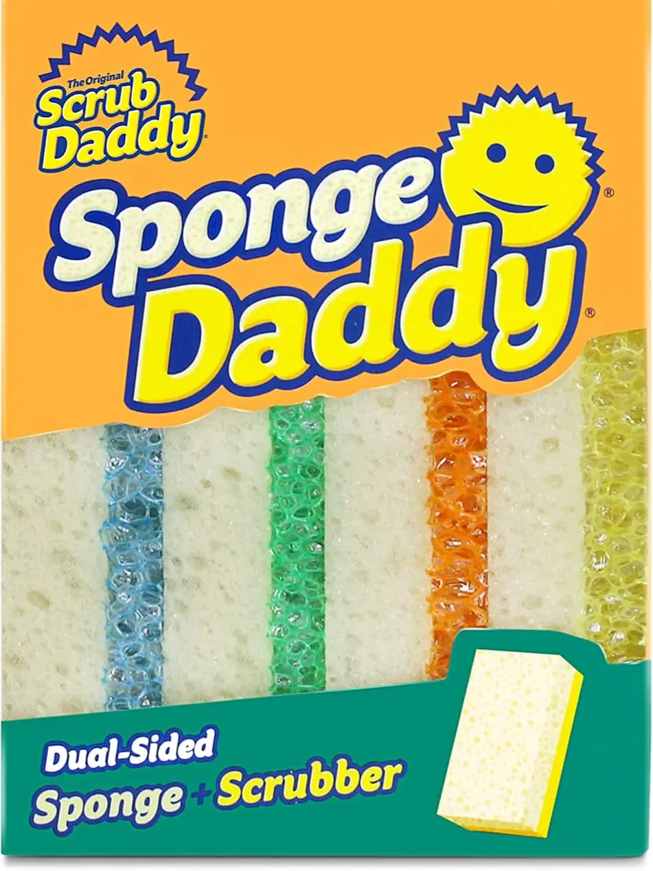 Sponge Daddy, 4 Pack Dual-Sided Kitchen Sponges - Scratch Free & Resists Odors - Absorbent Foam Sponge Plus Durable Scrubber Strip for Washing Dishes, Cookware, Glassware, Stovetops, Bathroom & Household Cleaning