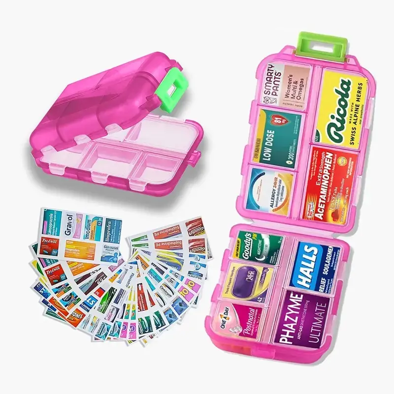 10-Grid Healthcare Pill Storage Box, Portable Pocket-Size Dustproof Travel Organizer with 147 Brand Labels/Stickers, Vitamin Medicine Holder for Home Supplies